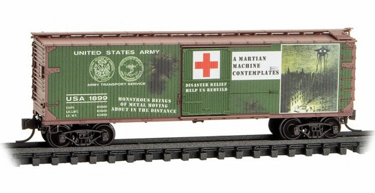 Micro-Trains N 03900273 40' Double-Sheathed Wood Box Car with Single Door and Vertical Brake Wheel, War of the Worlds (A Martian Machine Contemplates)