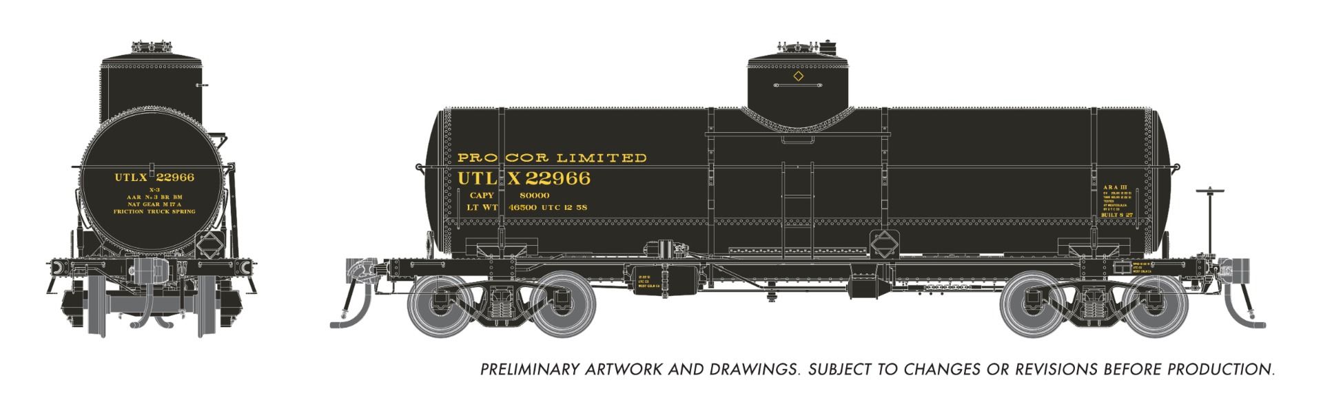 PREORDER Rapido HO 159107A Union X-3 8K gal Tankcar, Procor Limited #3