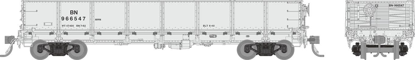 PREORDER Rapido HO 163011A 40' Drop Bottom Gondola, Burlington Northern MOW #1