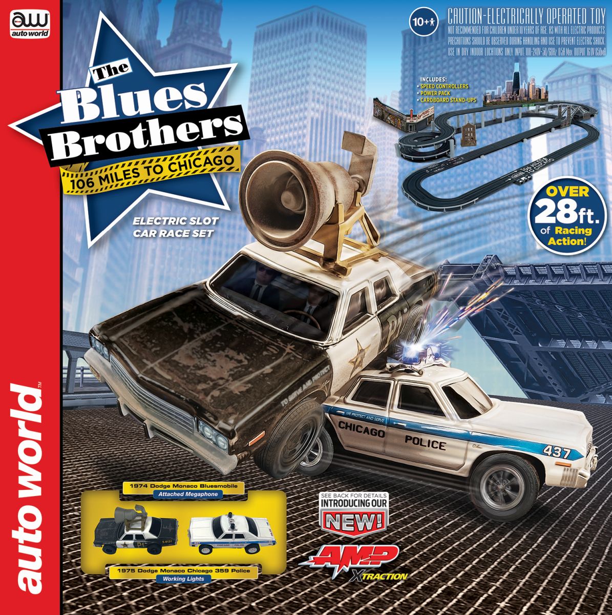Auto World SRS359 28' Blues Brothers 106 Miles to Chicago Slot Race Set Bluesmo