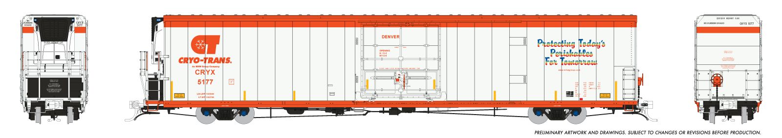 PREORDER Rapido HO 167001-4 Greenbrier 7780cuft Reefer, Cryo-Trans "Denver" #5177
