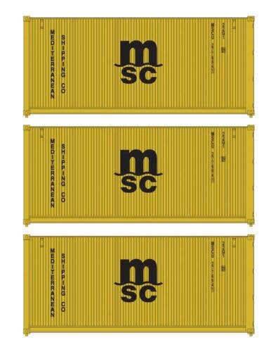 Walthers (SceneMaster) HO 18054 20' Fully Corrugated Container, 3-Pack, Mediterranean Shipping Co.