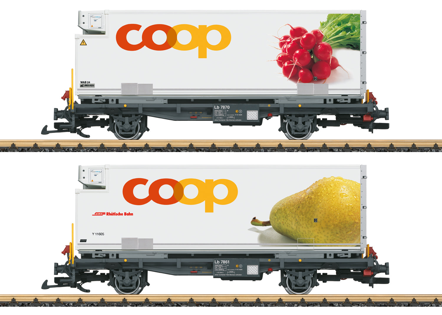 PREORDER LGB G 45889 Container Transport Car Set with Coop Container, Rhaetian RhB (2-Pack)