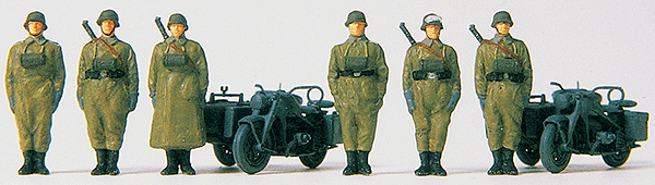 Preiser Kg 16571 Former German Army WWII Motorcycle Troops (Plastic Kit) - 2 Zundapp S 750 Cycles w/Sidecars & 6 Figures Standing at Attention, HO Scale