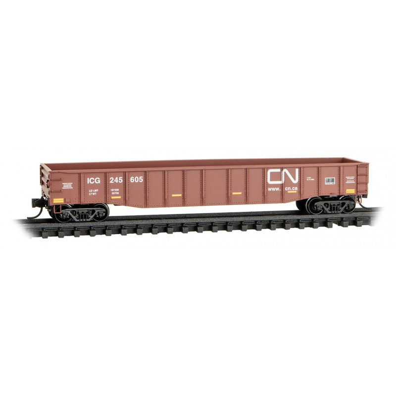Micro Trains Line #105 00 631 50' Steel Side 15-Panel Fixed-End Fishbelly-Side Gondola - Ready to Run -- Canadian National ICG #245605 (Boxcar Red, white, yellow conspicuity marks), N Scale