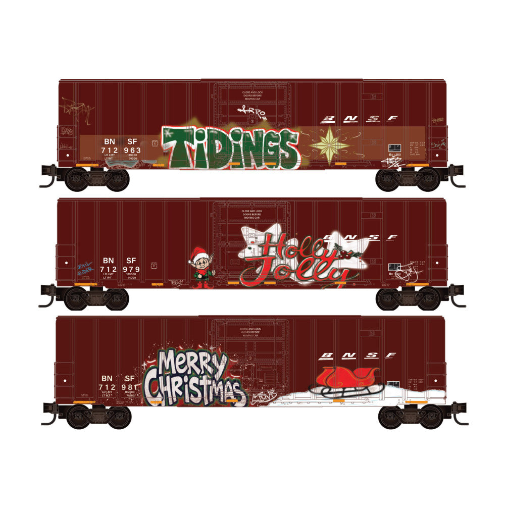 Micro-Trains N 98302289 50' Rib Side Boxcar, Burlington Northern Santa Fe Christmas Graffiti (3-Pack)