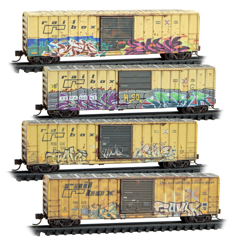 Micro-Trains N 98305099 Weathered 50' Rib Side Boxcar Set, Railbox #20557/30043/32322/32653 (4-Pack)