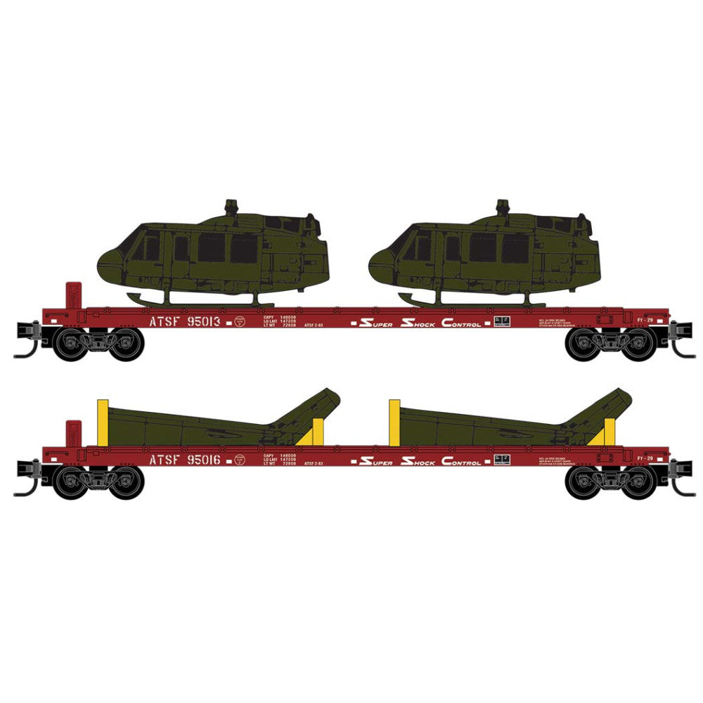 PREORDER Micro-Trains N 98302292 57' Converted TOFC Flatcars with Helicopter Load, Atchison Topeka & Santa Fe (2-Pack)