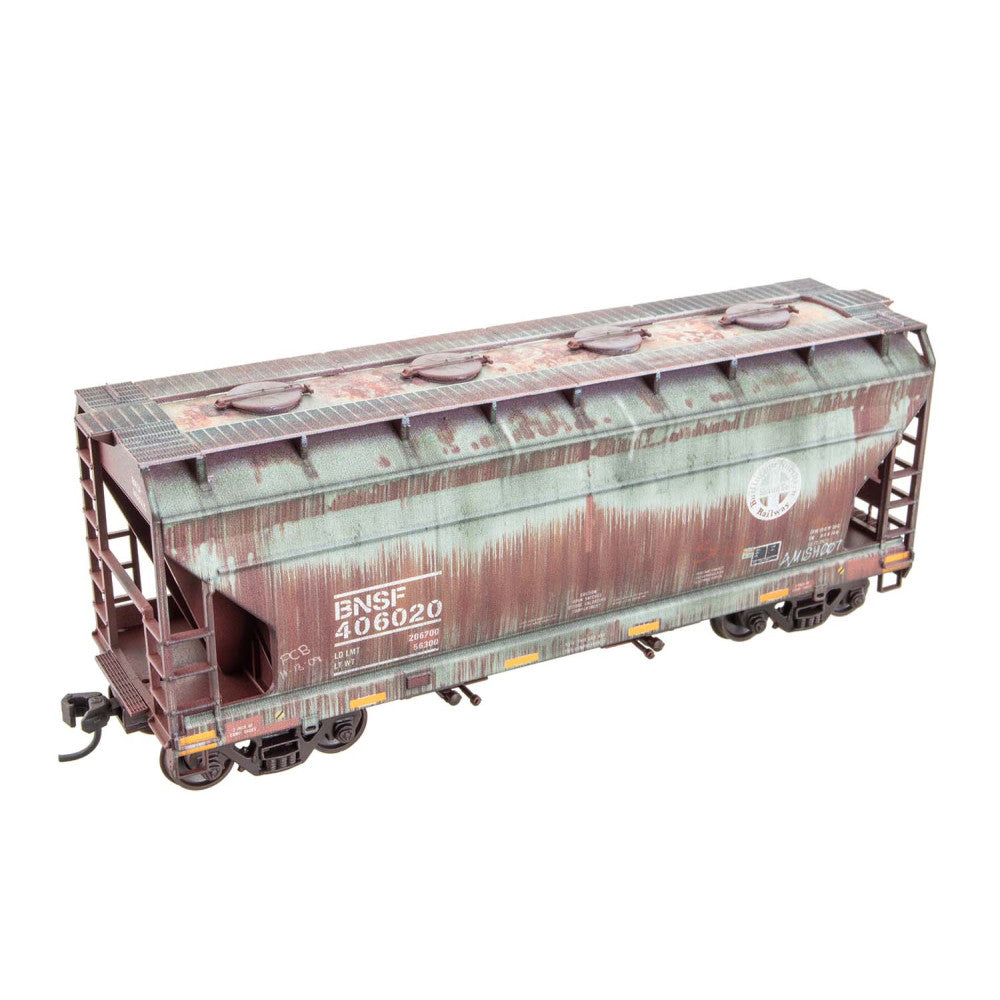 PREORDER Micro-Trains HO 2200007 Grit N Grime Weathered 2-Bay Covered Hopper, Burlington Northern Santa Fe #406020