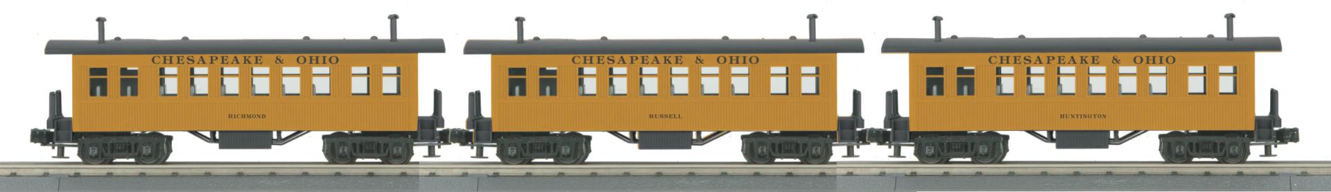 PREORDER MTH RailKing O 30-6454 Overton Passenger Car Set, Chesapeake & Ohio Richmond/Russell/Huntington (3-Pack)
