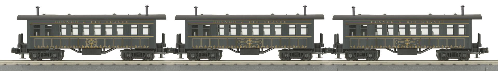 PREORDER MTH RailKing O 30-6455 Overton Passenger Car Set, Denver Rio Grande Grand Junction/Boulder/Fort Collins (3-Pack)