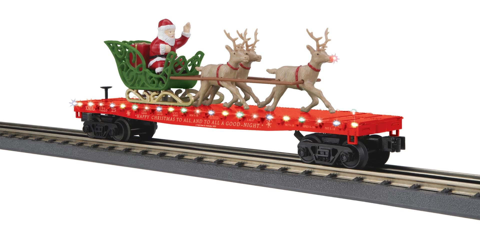 PREORDER MTH 30-76939 O Christmas Flat Car w/Lights, Santa Sleigh & Reindeer – Red