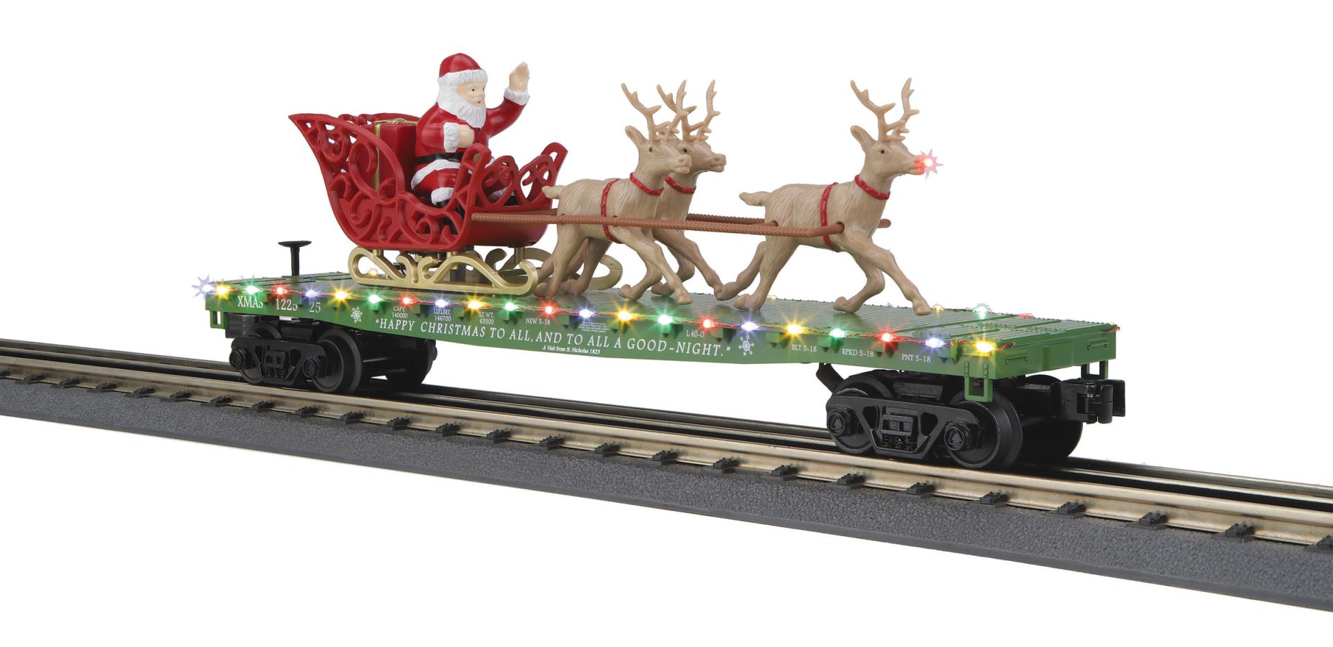 PREORDER MTH 30-76940 O Christmas Flat Car w/Lights, Santa Sleigh & Reindeer – Green