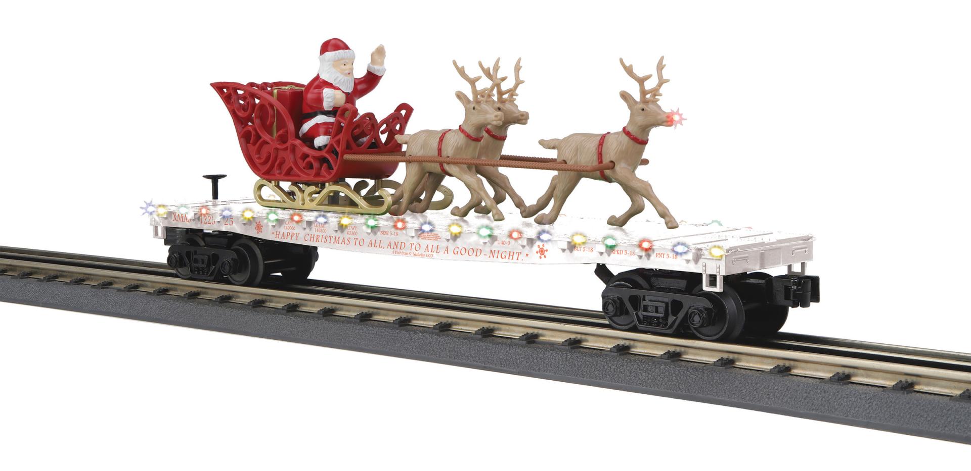 PREORDER MTH 30-76941 O Christmas Flat Car w/Lights, Santa Sleigh & Reindeer – White
