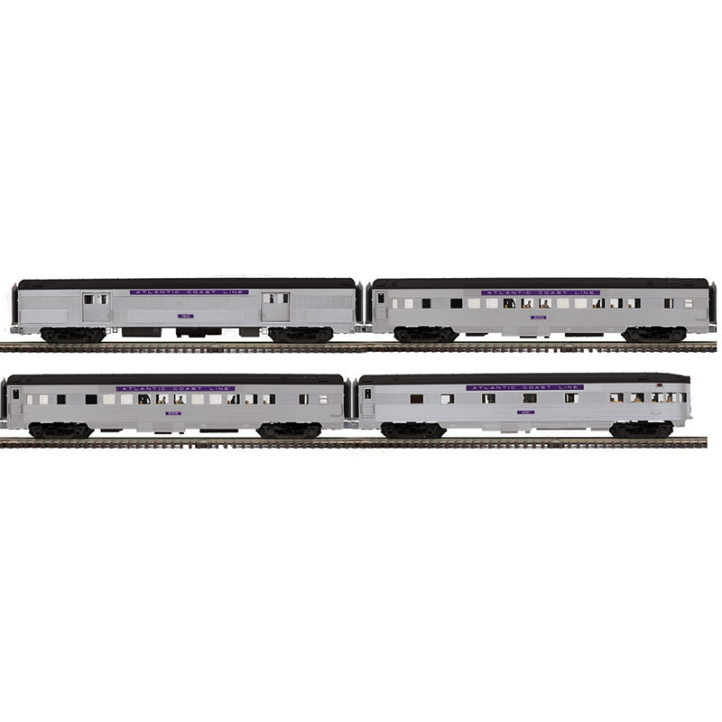 PREORDER Atlas Premier O 3001943 3-Rail 70' Streamlined Baggage/2 Coaches/Observation Car Set, Atlantic Coast Line #150/202/200/251 (4-Pack)