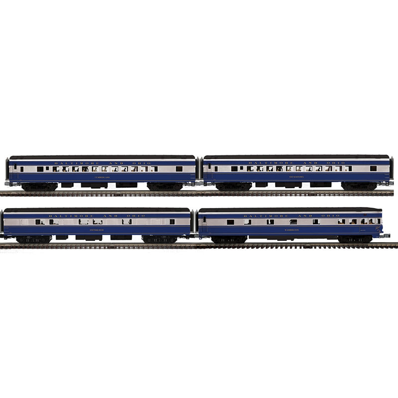 PREORDER Atlas Premier O 3001946 3-Rail 70' Streamlined Diner/2 Coaches/Observation Car Set, Baltimore & Ohio Cumberland/Youngstown/Pittsburgh/Washington (4-Pack)