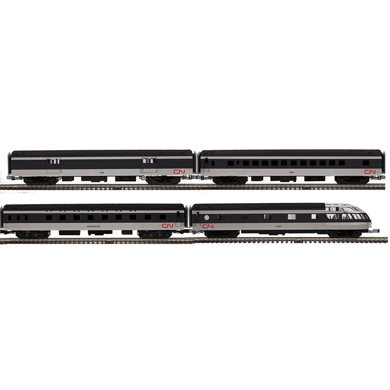 PREORDER Atlas Premier O 3001949 3-Rail 70' Streamlined Baggage/Sleeper/Coach/Skytop Observation Car Set, Canadian National #9109/Bucklye Bay/5407/Fundy (4-Pack)