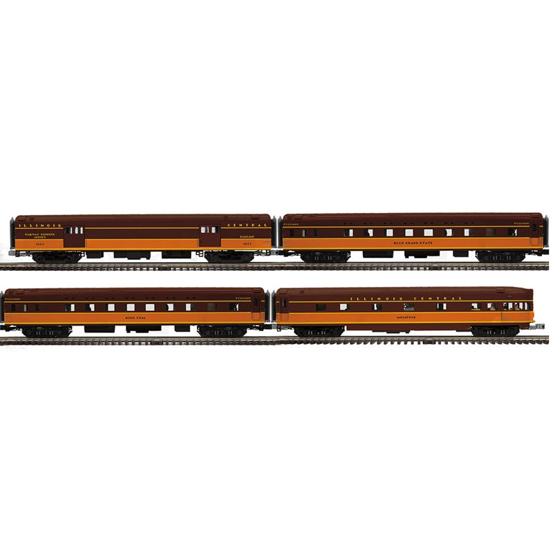 PREORDER Atlas Premier O 3001952 3-Rail 70' Streamlined Baggage/2 Sleepers/Observation Car Set, Illinois Central #1801/Blue Grass State/King Coal/Memphis (4-Pack)