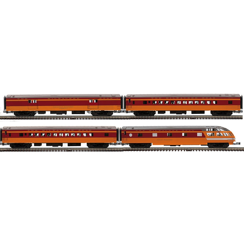 PREORDER Atlas Premier O 3001955 3-Rail 70' Streamlined Baggage/2 Coaches/Skytop Observation Car Set, Milwaukee Road #1331/483/511/Dell Rapids (4-Pack)