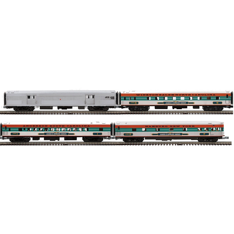 PREORDER Atlas Premier O 3001963 3-Rail 70' Streamlined Baggage/Sleeper/Coach/Observation Car Set, James E Strates Shows #18 Anderson/Winston Salem/Hamburg (4-Pack)