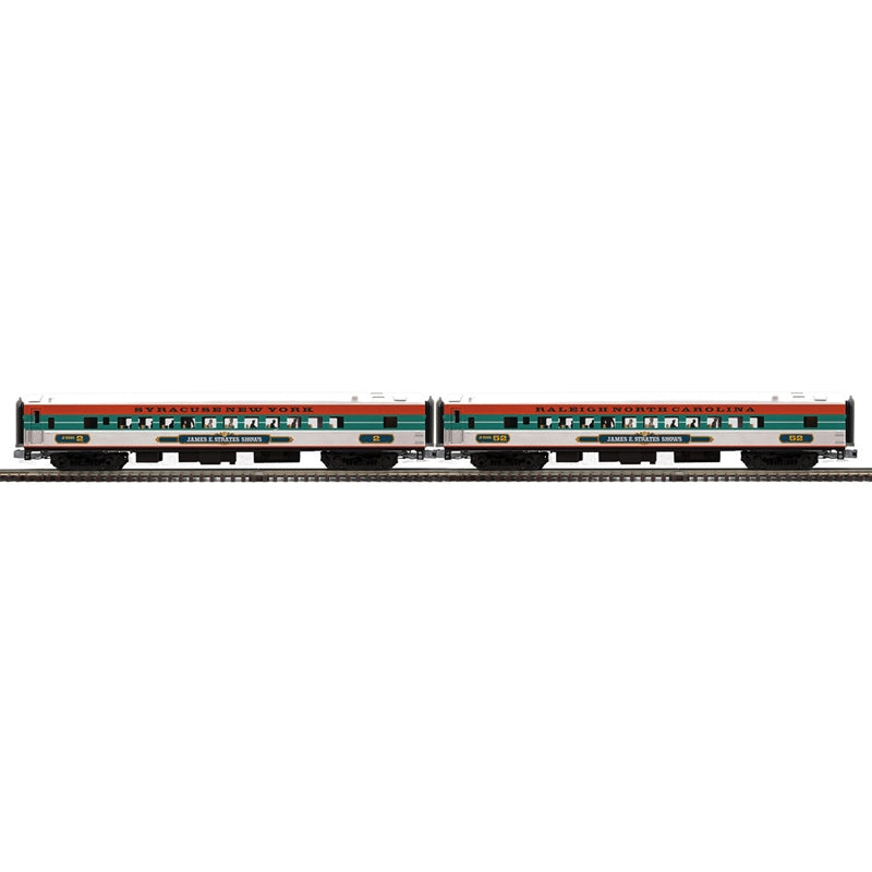 PREORDER Atlas Premier O 3001964 3-Rail 70' Streamlined Coach, James E Strates Shows #2 Syracuse NY/#52 Raleigh NC (2-Pack)