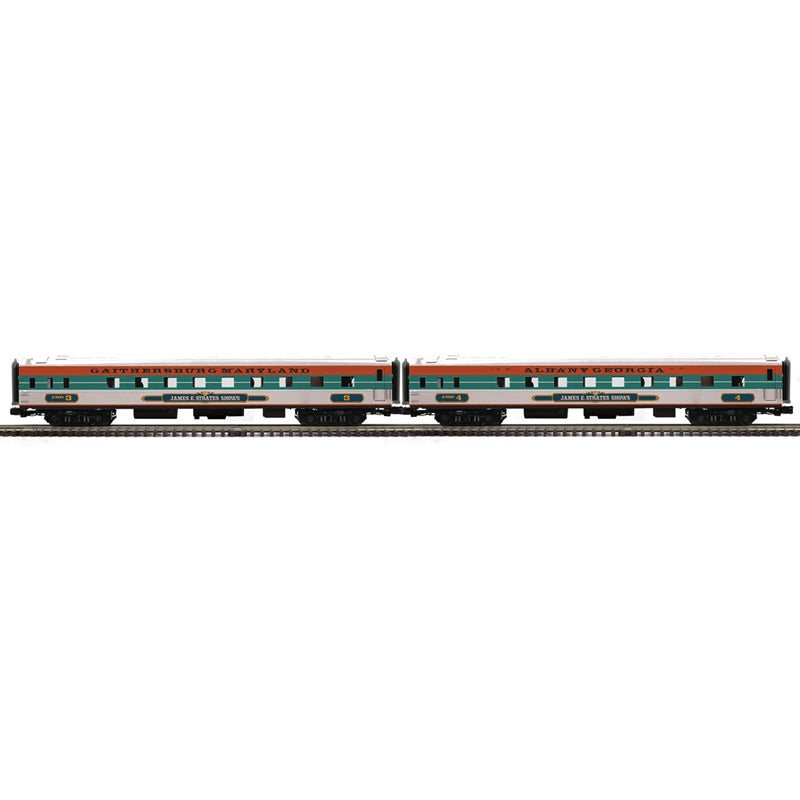 PREORDER Atlas Premier O 3001965 3-Rail 70' Streamlined Sleeper, James E Strates Shows #3 Gaithersburg MD/#4 Albany GA (2-Pack)