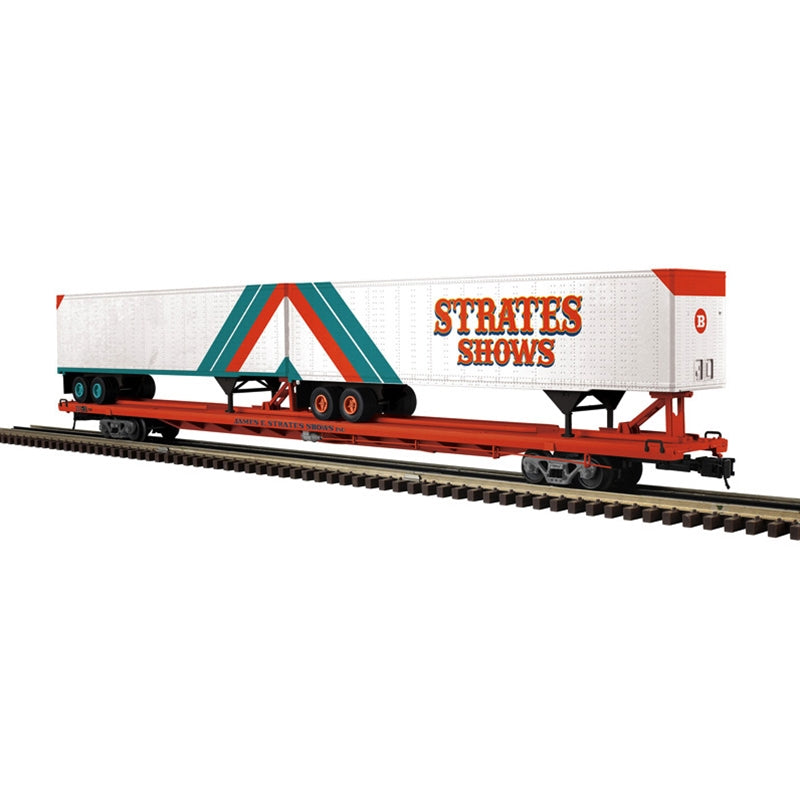 PREORDER Atlas Master Line O 3001967A 3-Rail 89' 4" Intermodal Flatcar with Trailers 4-Pack, James E Strates Shows #22/36/38/43