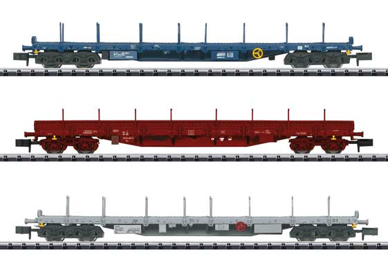 PREORDER Minitrix N 18723 Type Rnss Flatcar, 2 Luxembourg State Railroad CFL & Belgian State Railroad SNCB Cars (3)