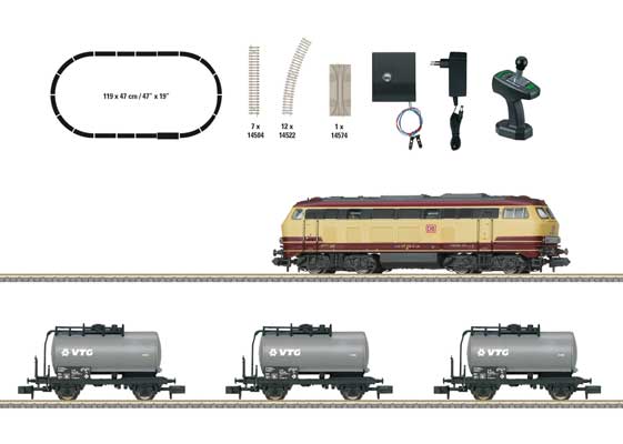 PREORDER Minitrix N T11160 Freight Train Digital Starter Set Era VI DB AG Class 217 Diesel, 3 Tank Cars, Track Oval, Power Pack & Control (DCC Equipped)