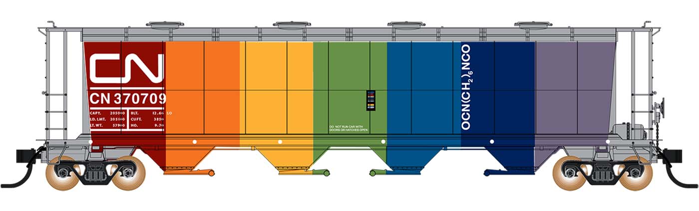 PREORDER Intermountain N 65225 NSC 59' 4550 Cubic Foot Cylindrical Hopper with Trough Hatch, Canadian National Rainbow