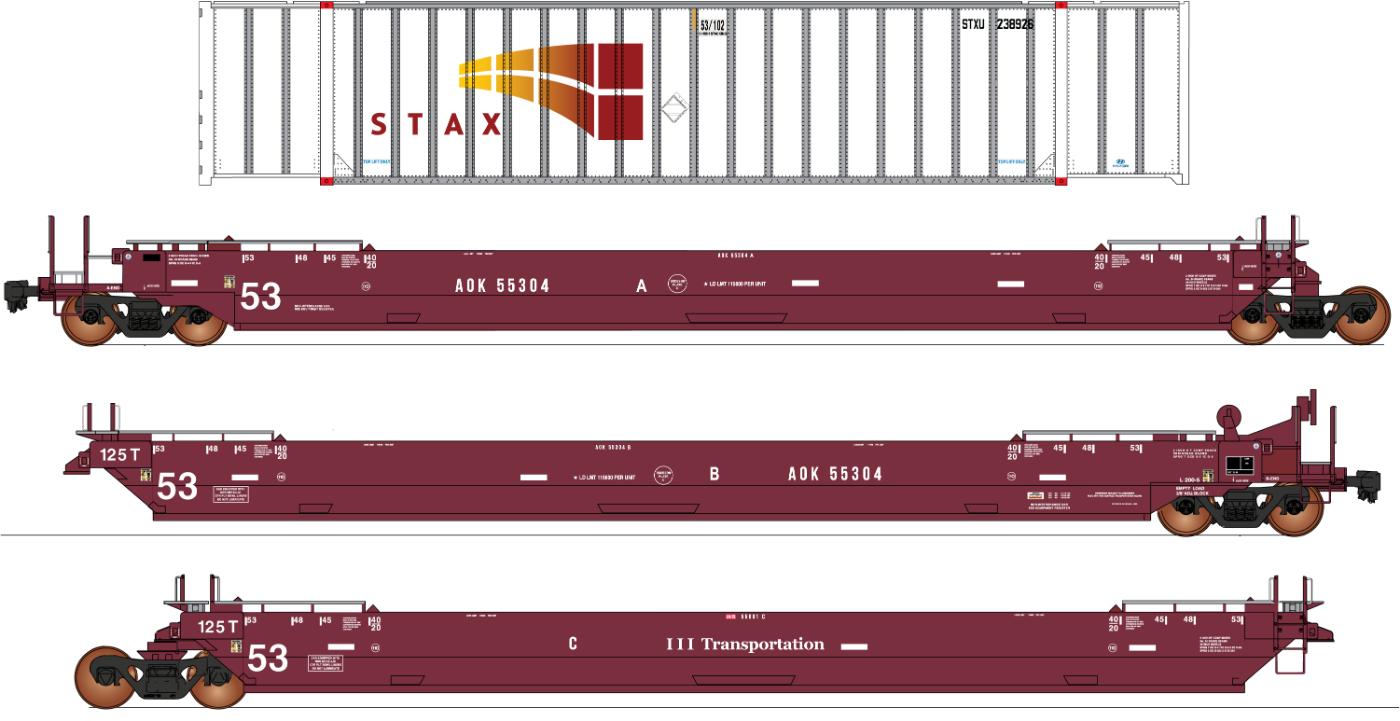 PREORDER Intermountain HO 47353C-01 Maxi IV Well Car & Container Car Set, Arkansas Oklahoma #55300 (3-Pack)