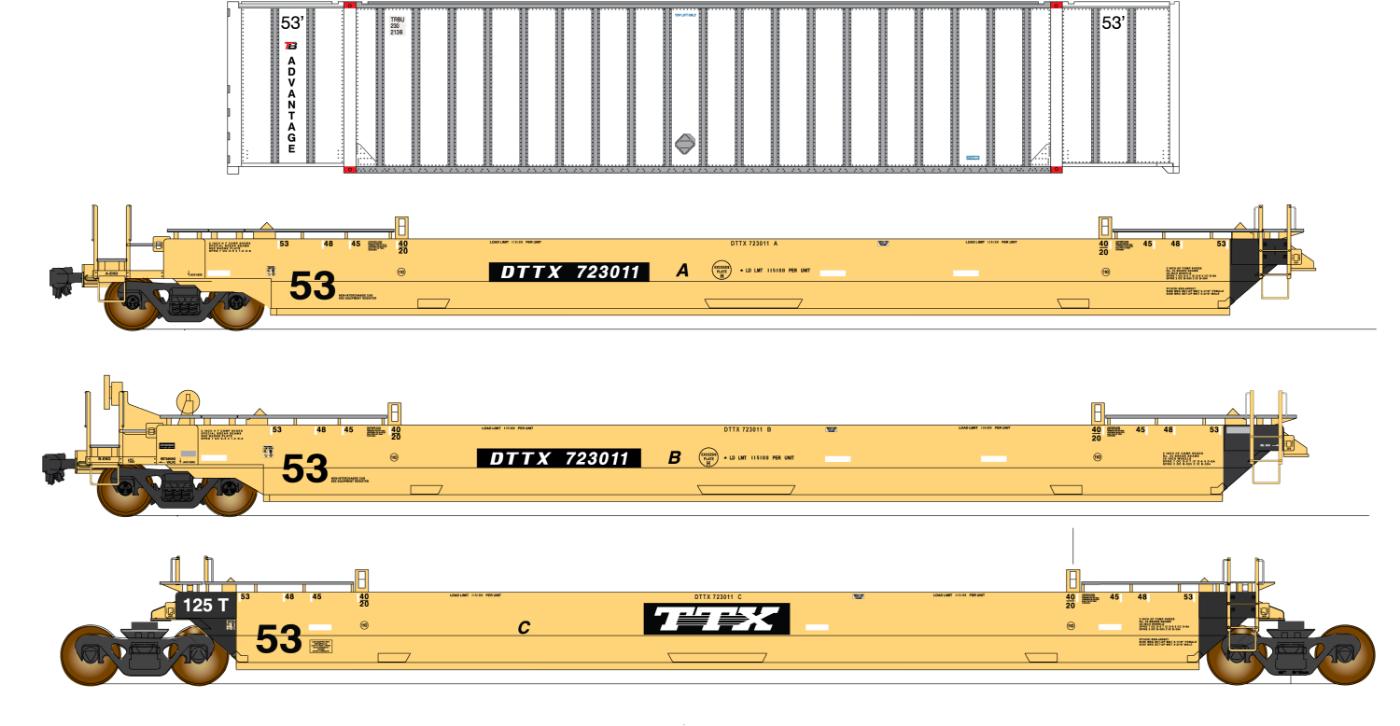 PREORDER Intermountain HO 47355C-01 Maxi IV Well Car & Container Car Set, TTX #723482 (3-Pack)