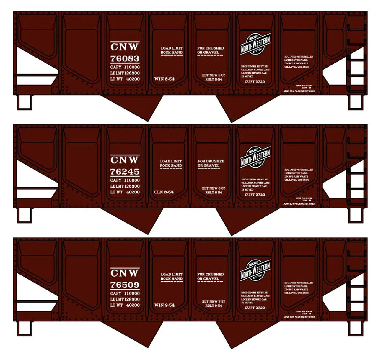 Accurail HO 8174 Panel-Side Twin Hopper 3-Car Set Chicago & Northwestern (CNW) 76083, 76245, 76509