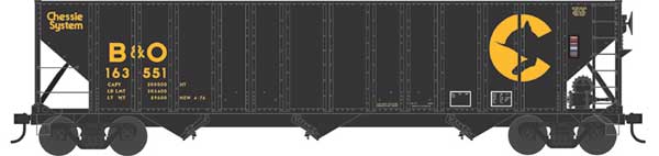 Bowser 43501 HO 100-Ton 3-Bay Open Hopper - Ready to Run - Executive Line -- Chessie B&O #163551 (black, yellow)