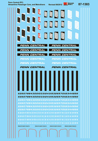 Microscale HO 87-1383 Penn Central, Streamlined Passenger Car & Metroliner Lettering