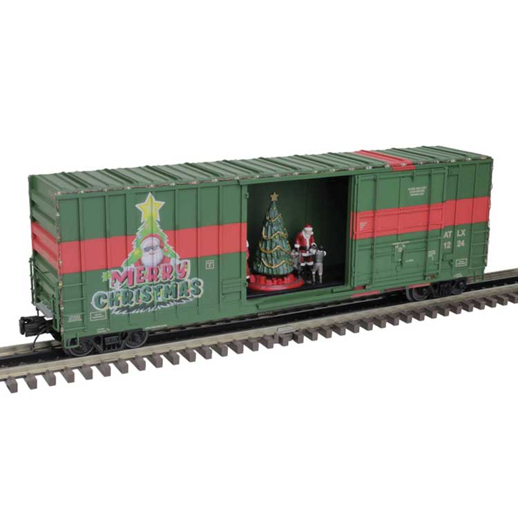 PREORDER Atlas 30014391 O Gunderson 50' High-Cube Boxcar - 3-Rail - Ready to Run - Premier -- Christmas 2024 ATLX #1224 (green, red, Santa & tree inside car)