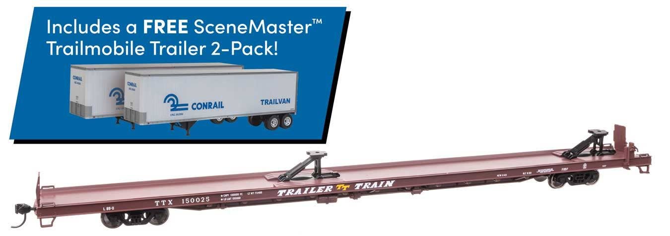 PREORDER Walthers Mainline HO 910-5731B 89' Channel Side Flatcar with 2 Trailmobile Trailers, TTX Trailer-Train #150025