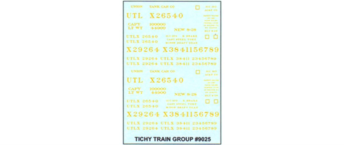 Tichy Train Group 90256 Railroad Decal Set -- UTLX for 36' 10,000-Gallon USRA Tank Cars (#293-4020 & 4025) (yellow) 6 Sets, HO Scale