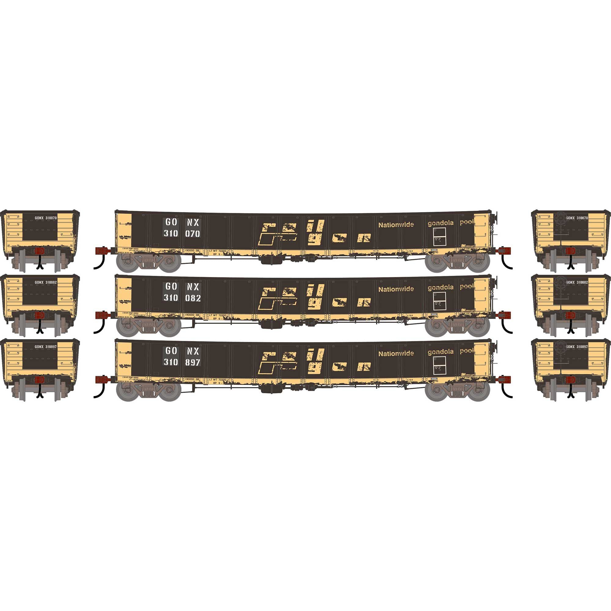 PREORDER Athearn HO 2729 52' Deformed 2494 CarKnocker Mill Gondola, Railgon (Primed for Grime) #310070/310082/310897 (3-Pack)