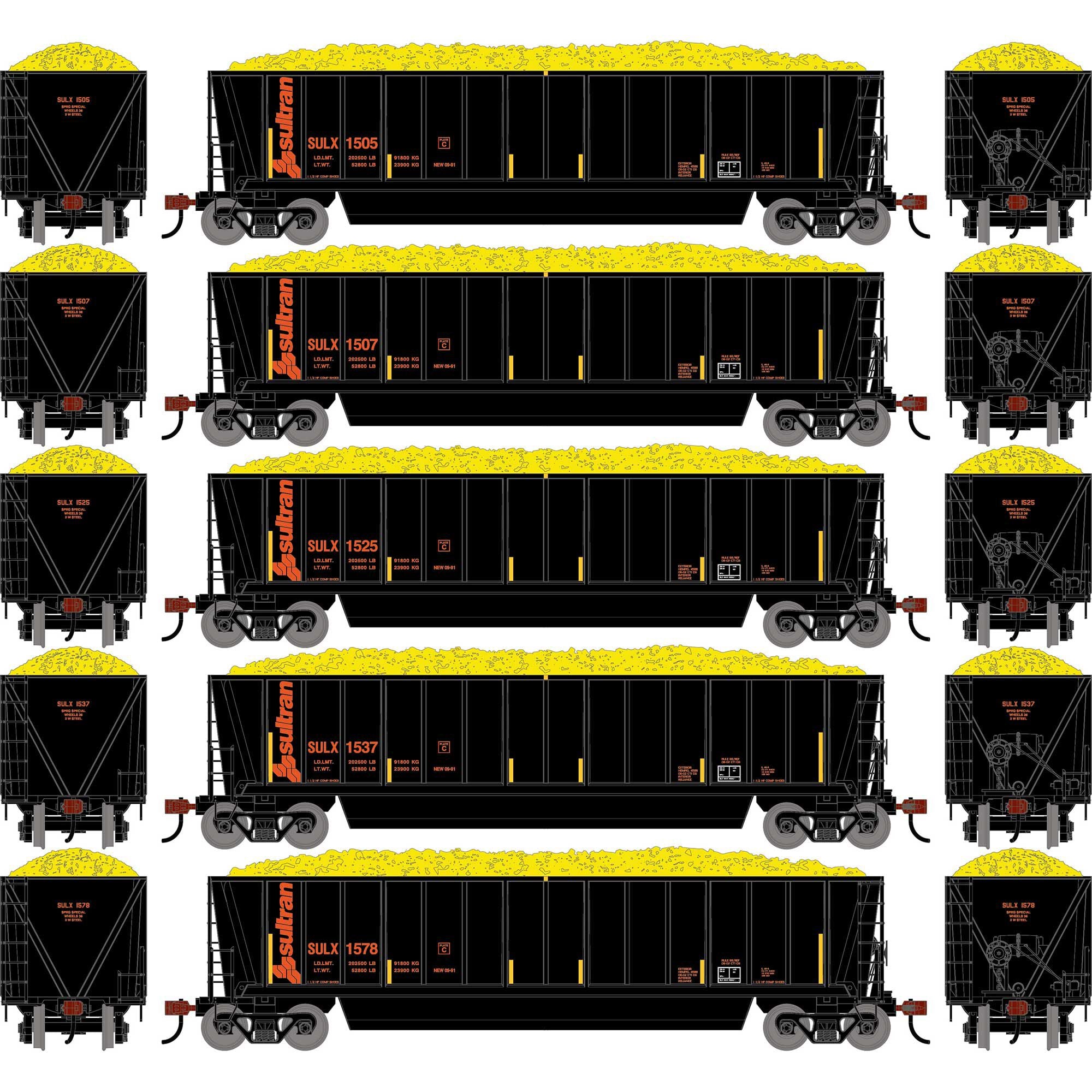 PREORDER Athearn HO 2755 Berwick Bathtub Gondola with Standard Sides & Load, Sultran #1505/1507/1525/1537/1578 (5-Pack)