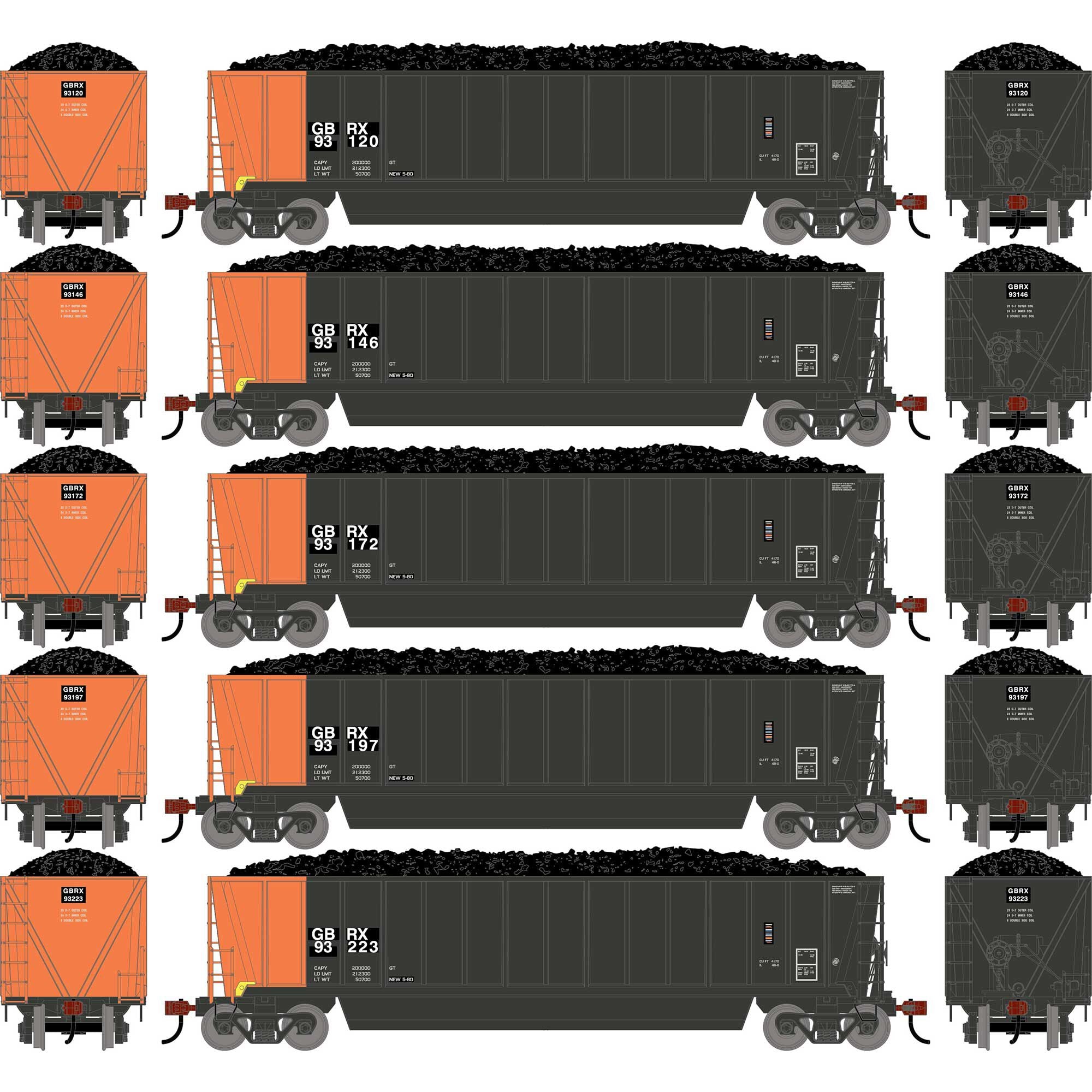 PREORDER Athearn HO 2758 Berwick Bathtub Gondola with Standard Sides & Load, Greenbriar Leasing (Primed for Grime) #93120/93146/93172/93197/93223 (5-Pack)