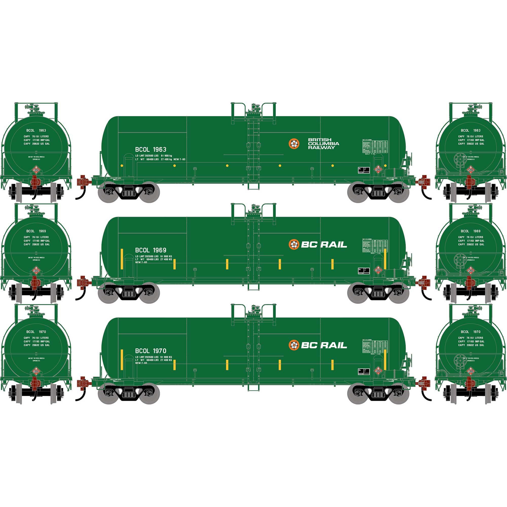 PREORDER Athearn HO 2761 20,900 Gallon Acid Tank Car, British Columbia #1963/1969/1970 (3-Pack)