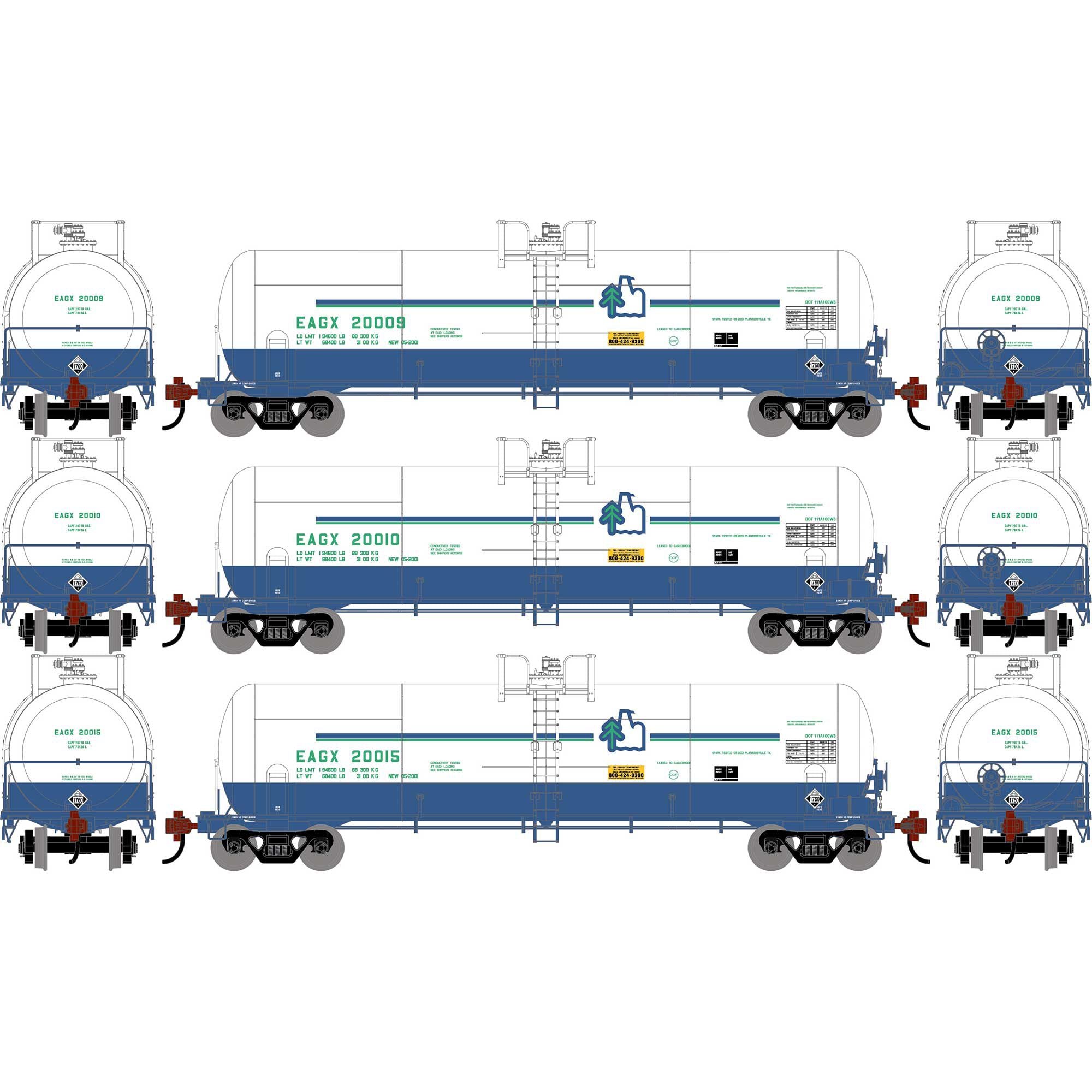 PREORDER Athearn HO 2764 20,900 Gallon Acid Tank Car, Eaglebrook #20009/20010/20015 (3-Pack)