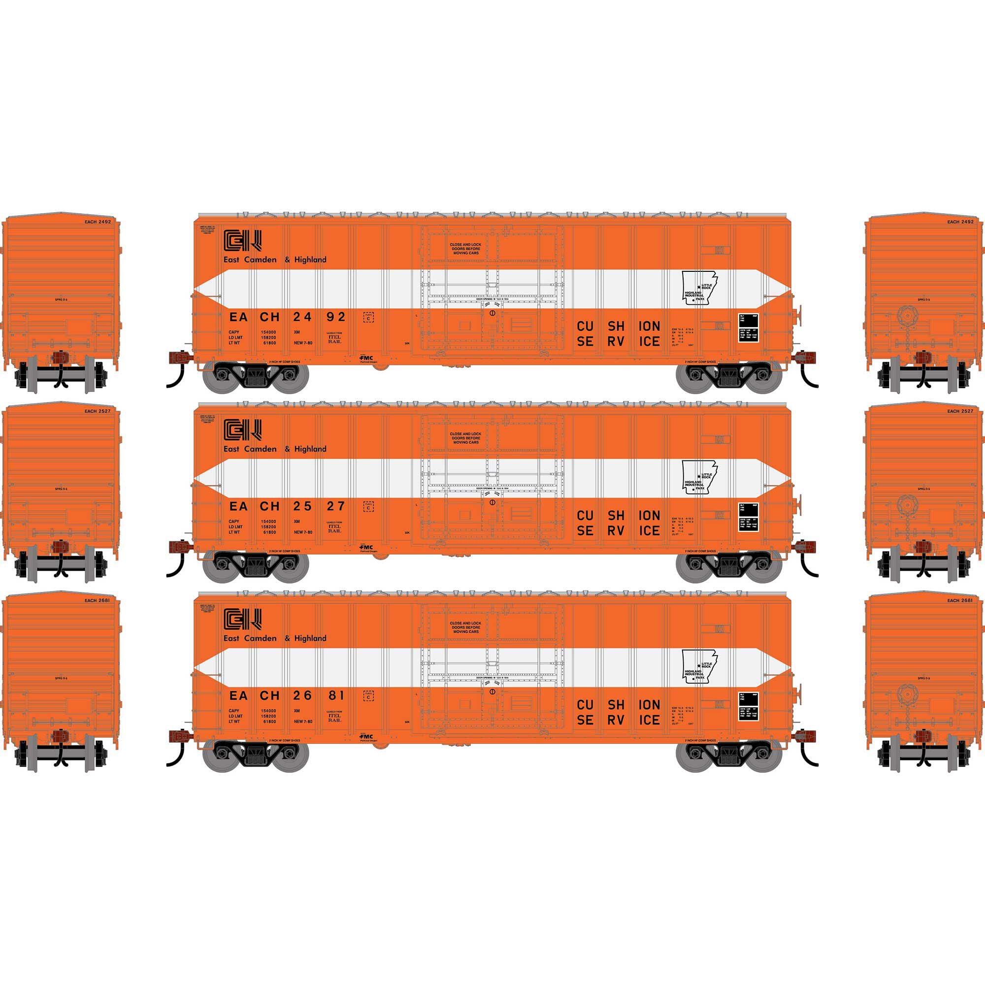 PREORDER Athearn HO 2779 50' FMC 5327 12' Plug Door Box Car, East Camden & Highland #2492/2527/2681 (3-Pack)