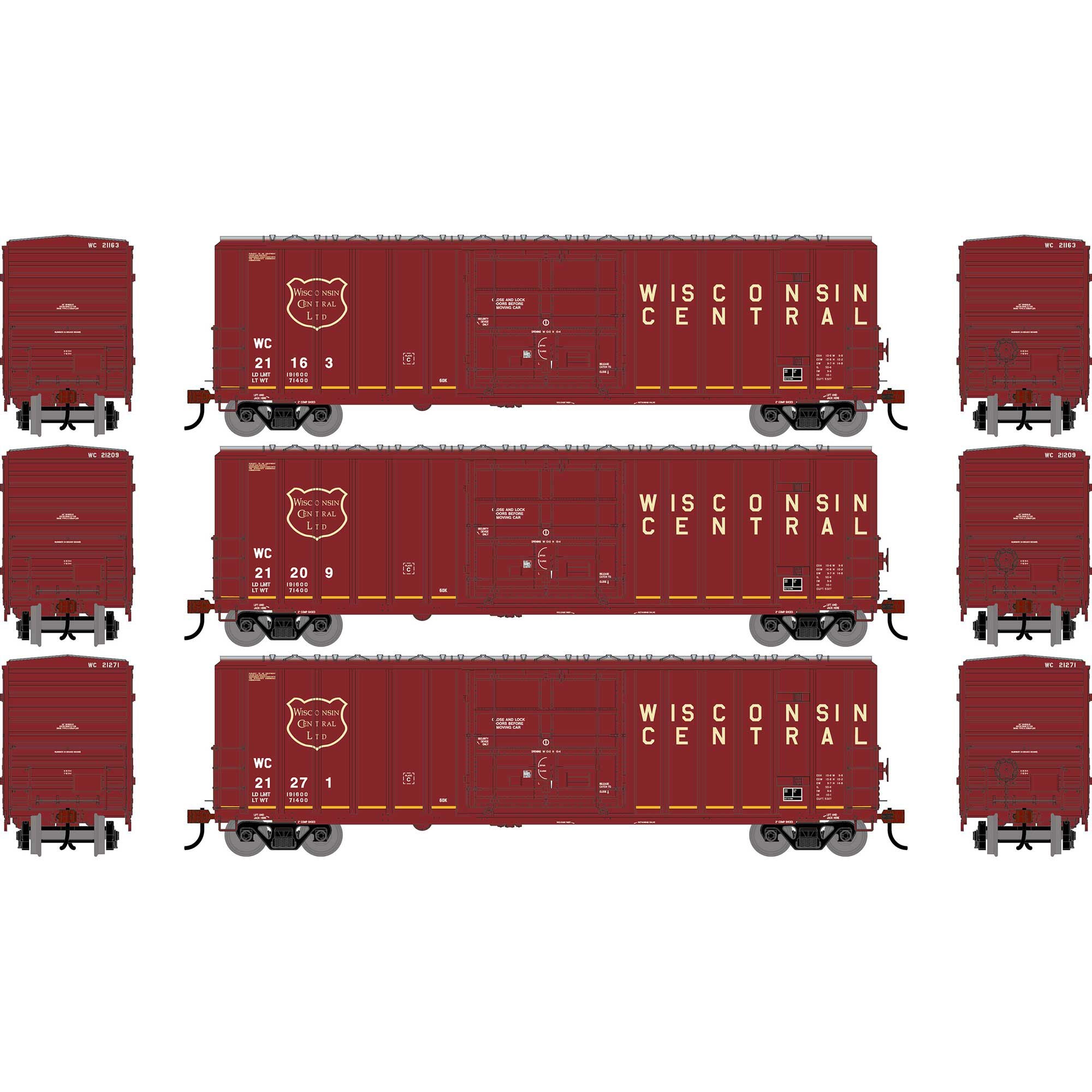 PREORDER Athearn HO 2788 50' FMC 5327 12' Plug Door Box Car, Wisconsin Central #21163/21209/21271 (3-Pack)