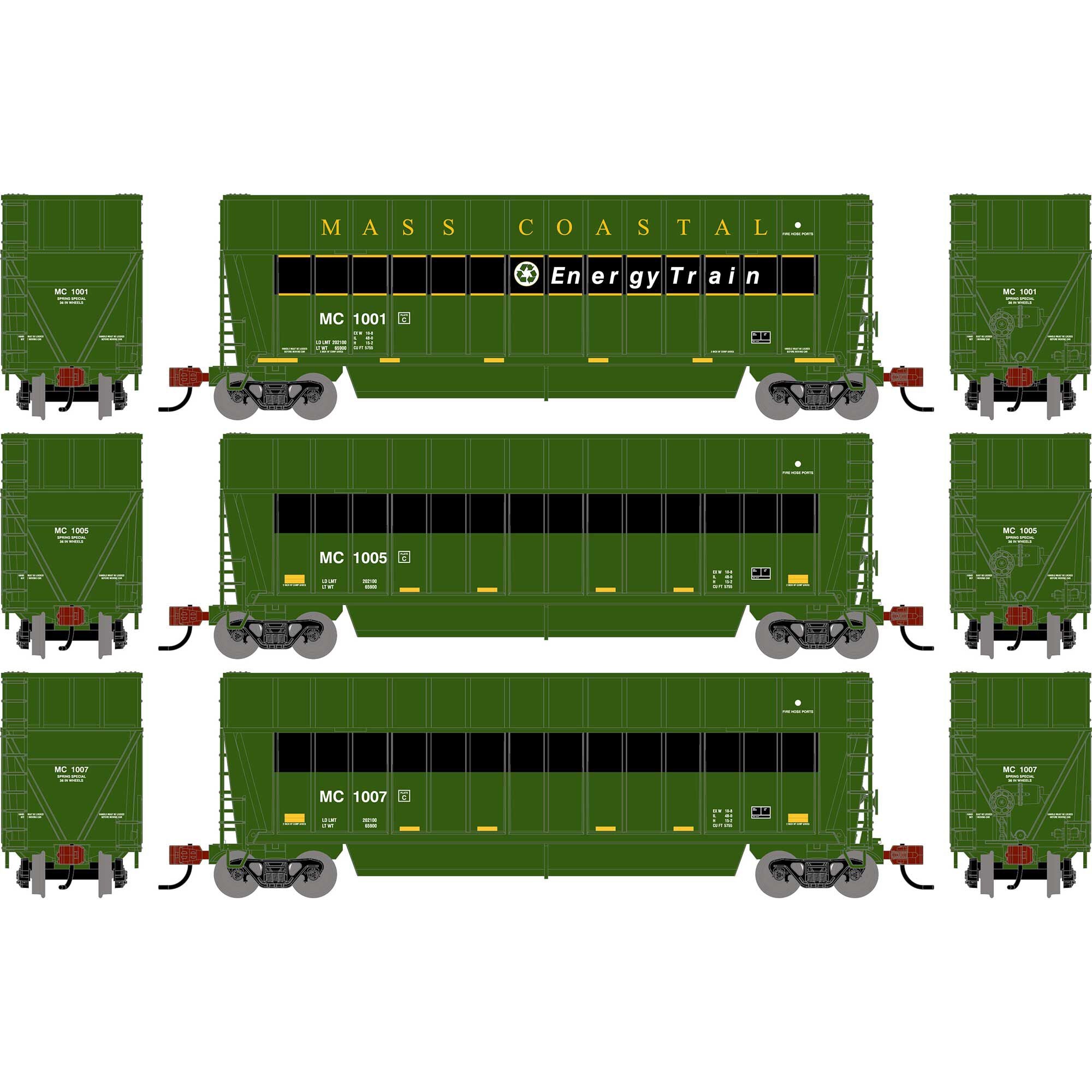 PREORDER Athearn N 2820 Berwick Bathtub Gondola with Extended Sides, Massachusettes Coastal #1001/1005/1007 (3-Pack)