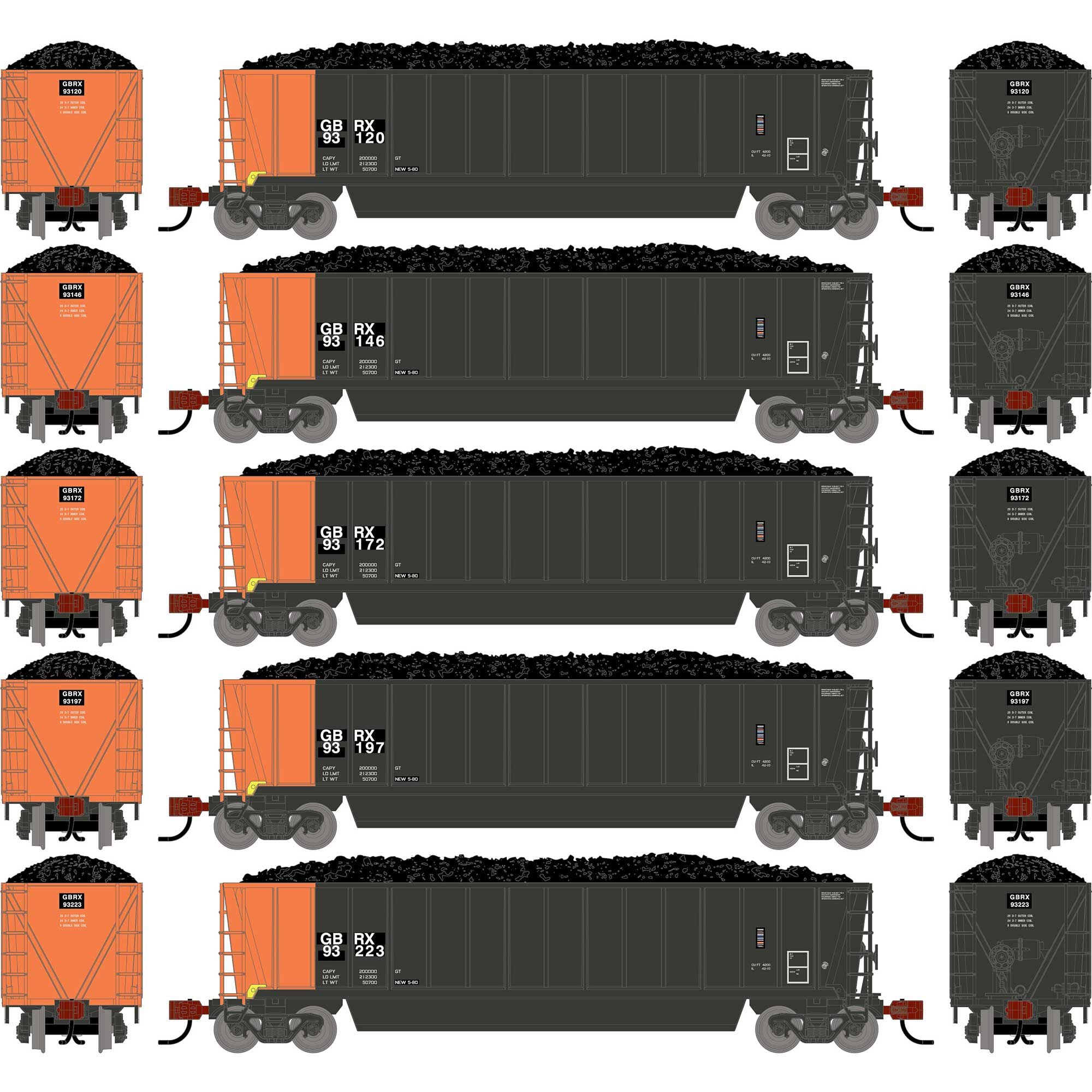 PREORDER Athearn N 2831 Berwick Bathtub Gondola with Standard Sides & Load, Greenbriar Leasing (Primed for Grime) #93120/93146/93172/93197/93223 (5-Pack)