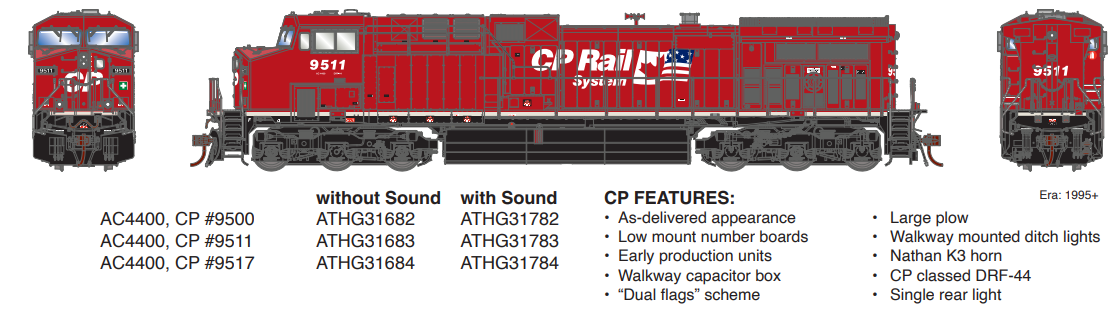 Athearn Genesis ATHG31683 HO AC4400CW, CPR #9511 ( Dual Flags)