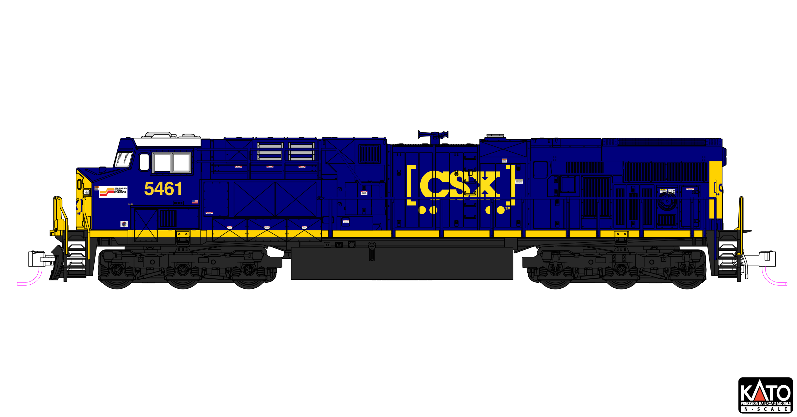 PREORDER Kato N 1768963DCC ES40DC Diesel Locomotive, CSX (Seaboard) #5461 (DCC Equipped)