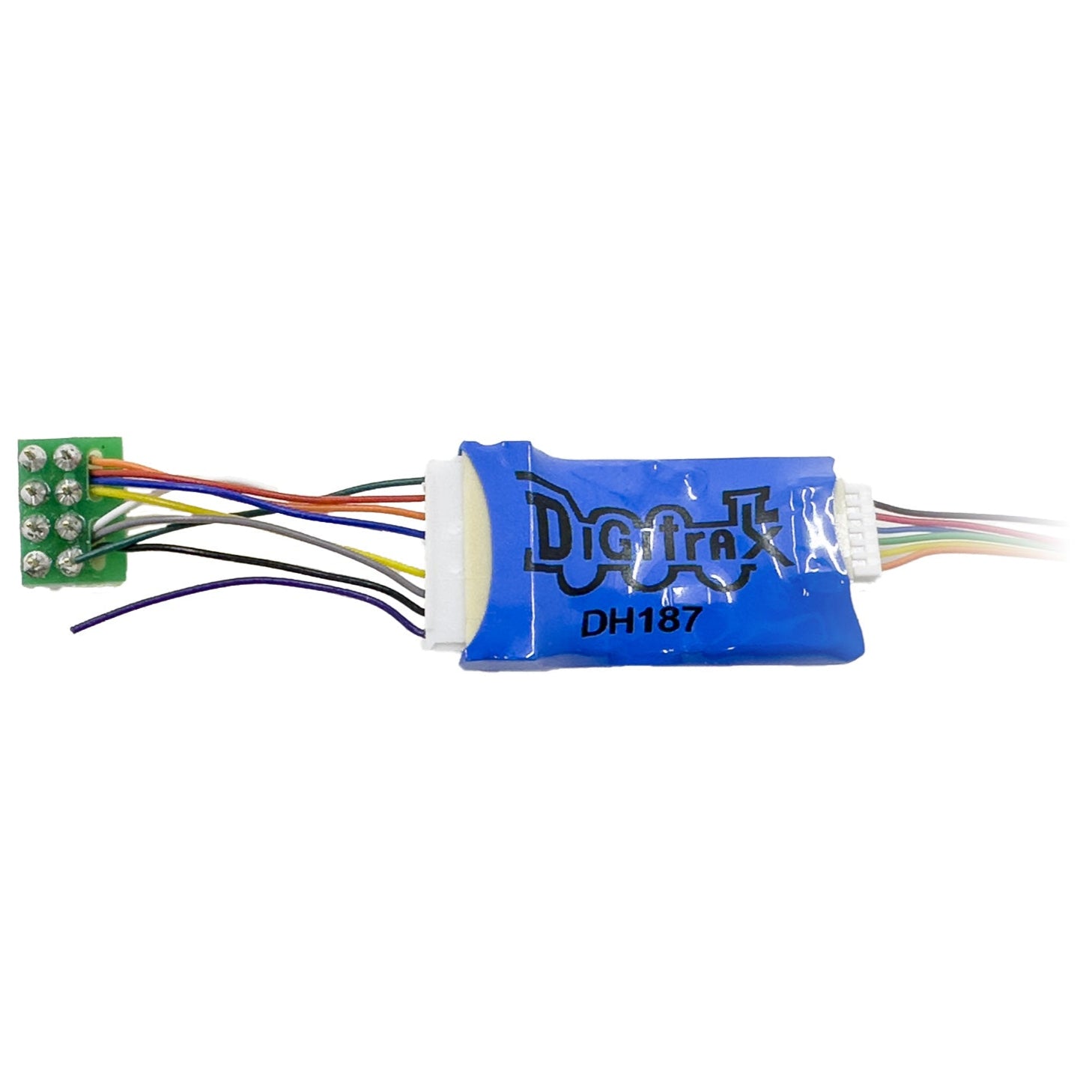 Digitrax HO DH187PS DH187D Series 7 Mobile DCC Control Decoder, 8-Pin Med Plug, 9-Pin Socket & PS-Harness 1A/2A, 2 FX7 Functions, 1.2" Wire